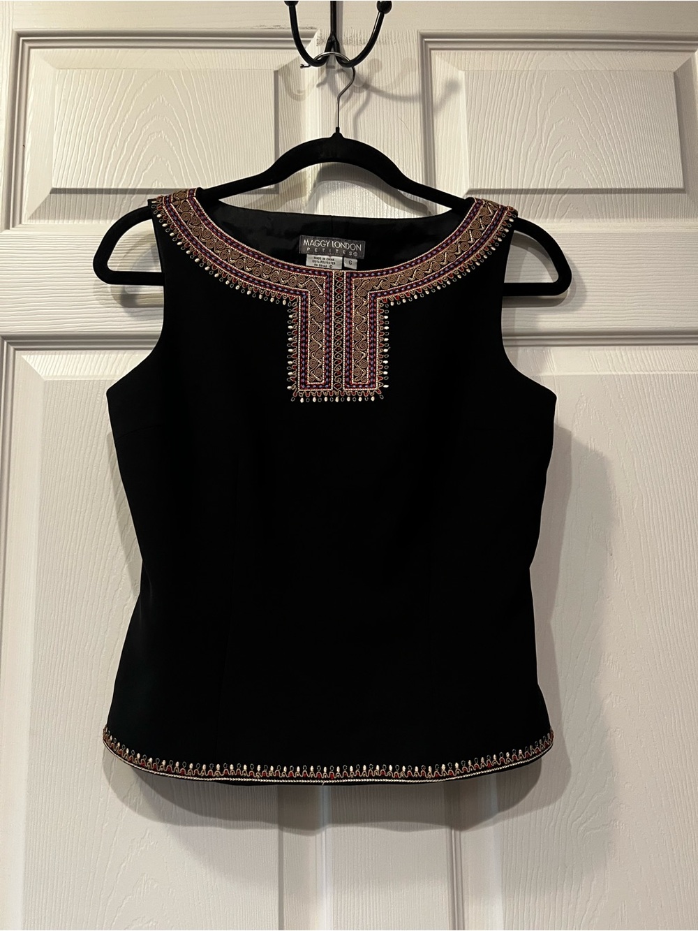 Maggy London Black Sleeveless Top with Gold & Purple Embellished Neckline